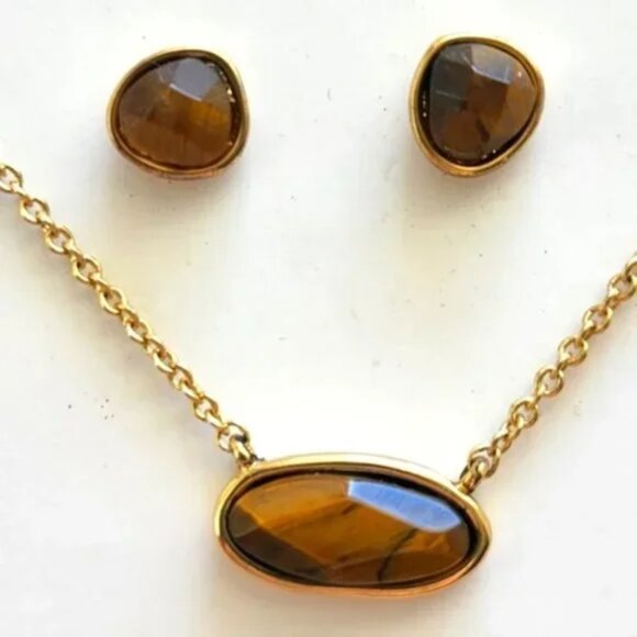 NEW - Tiger's Eye necklace & earring set - 14-karat Gold Plated Brass - Picture 1 of 5